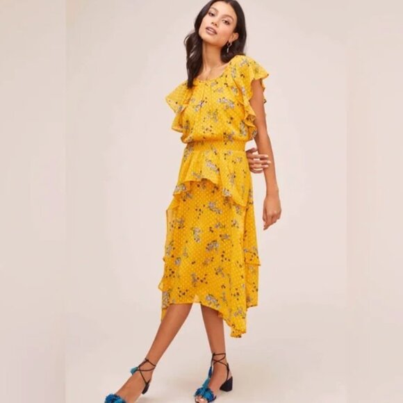 ASTR Sheila Floral Ruffle Midi Dress in Marigold Multi Floral, Size Small - Picture 1 of 12
